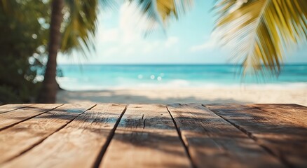 A wooden table overlooking the beach and ocean. captured from an extreme close up perspective. Blue water and palm trees visible through the horizon line.