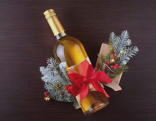 Bottle of white wine wrapped as a Christmas gift AI