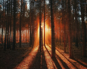 Fototapeta premium Sunbeams filter through tall trees in a serene forest, creating a tranquil atmosphere bathed in soft light, ai.
