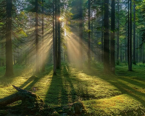 Obraz premium Sunbeams filter through tall trees in a serene forest, creating a tranquil atmosphere bathed in soft light, ai.