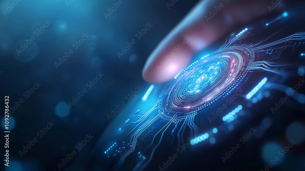 Poster futuristic touch interface with glowing circuits and blue light, depicting advanced technology and u