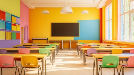 Colorful Classroom Interior Design  Bright Schoolroom with Desks and Chairs