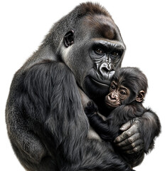 Obraz premium Mother gorilla holding baby in arm, isolated on a transparent background
