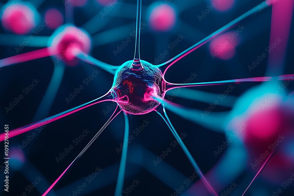 Poster a vibrant depiction of a neuron with colorful connections in a dark background.