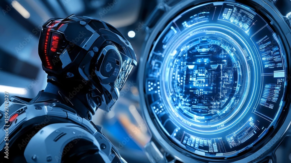 Poster a futuristic robot observing a high-tech digital interface in a sci-fi environment.