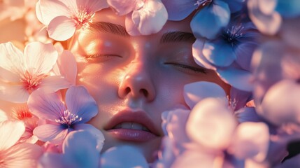 Obraz premium Serene caucasian woman surrounded by soft pink flowers in gentle light