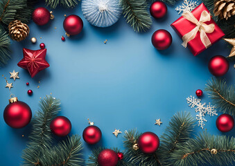 blue christmas background with branches and decorations