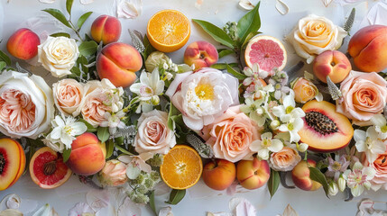 Artistic fusion of fruit and floral decor with sliced peaches, citrus, and fresh blossoms, a harmonious balance of nature and elegance, perfect for a serene garden party