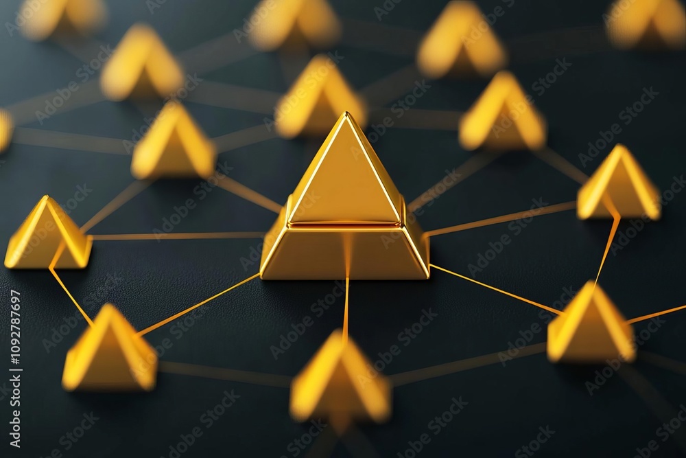 Poster abstract representation of interconnected golden pyramids on a dark background.