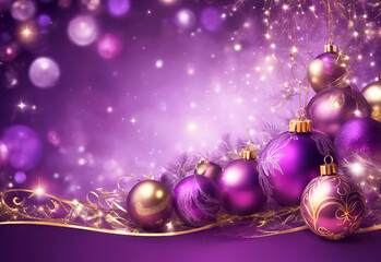 purple christmas background with balls and ribbon