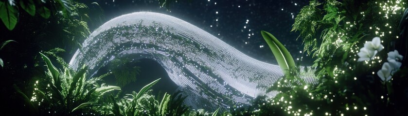 A surreal, shimmering form nestled among lush greenery and flowers, evoking a mystical atmosphere.