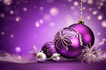purple christmas background with balls and ribbon