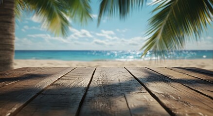 A wooden table overlooking the beach and ocean. captured from an extreme close up perspective. Blue water and palm trees visible through the horizon line.