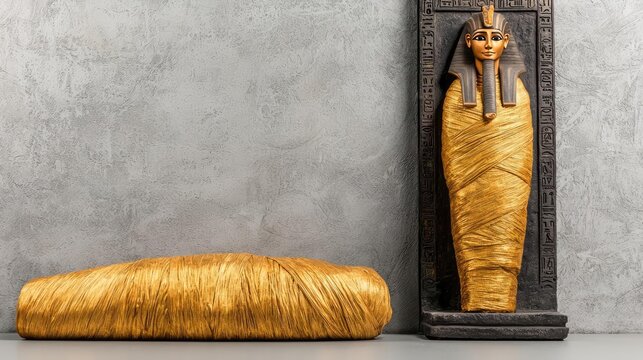 Ancient Egyptian sarcophagus with a golden mummy on a textured grey background.