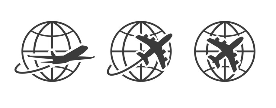 Global logistic air plane travel worldwide icon vector simple graphic logo illustration set as flight around world globe line stroke pictogram sign symbol, international airplane delivery tour service