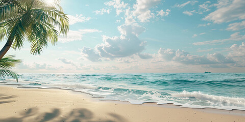 A beach with palm trees and waves

