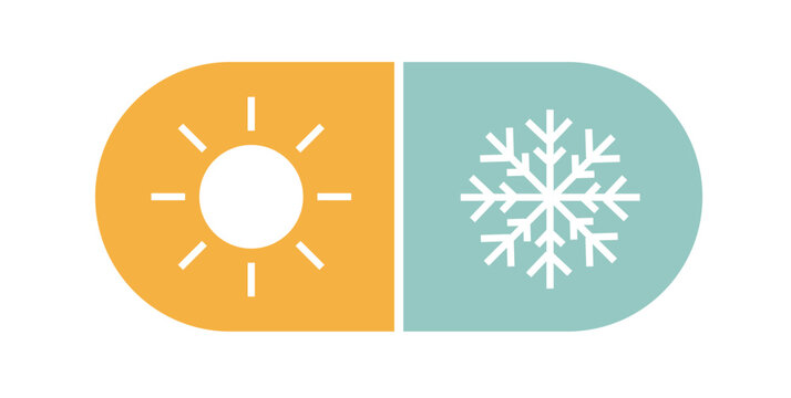 Cold hot icon ui buttons vector simple line stroke outline graphic illustration set, heat freeze conditioner mode snowflake and sun sign symbol pictogram, summer winter element image clip art
