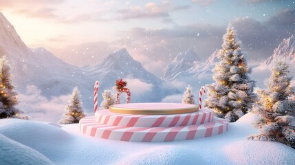 A charming Christmas podium with candy cane stripes and gold accents, set against a snowy mountain range with soft clouds and a sparkling sky. The background provides an empty space perfect for