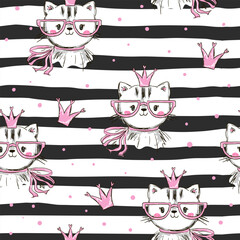 Seamless pattern features adorable cats wearing pink glasses and crowns, set against a striped black and white background with pink polka dots.