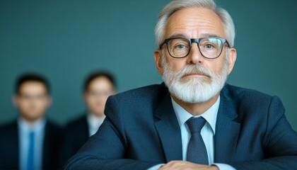 Businessman with glasses and gray beard addresses colleagues in a professional setting