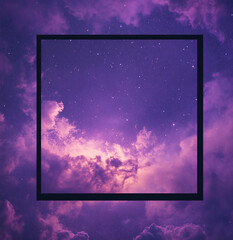 Beautiful cosmic twilight filled with purple clouds, a square frame surrounding a starry night sky in a mesmerizing celestial display