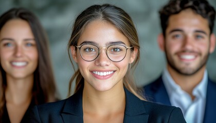 Group of young professionals smiling confidently at a corporate event indoors