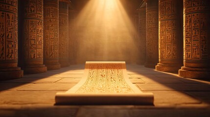 Ancient illuminated scroll in a temple, surrounded by ornate pillars and warm lighting.