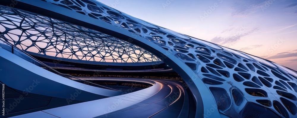 Poster a futuristic architectural structure with intricate designs and smooth curves against a twilight sky