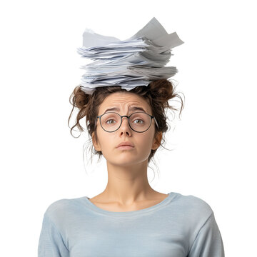 Young woman with messy hair and papers piled on head on transparent background