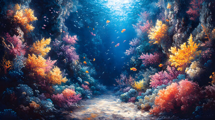 Naklejka premium An Exquisite Surreal Underwater Landscape with Luminous Corals and Exotic Fish in a Colorful Comic Art Style