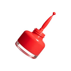 Fototapeta premium Red glass bottle with liquid nail polish, cream, gel on transparent background. Red nail polish png