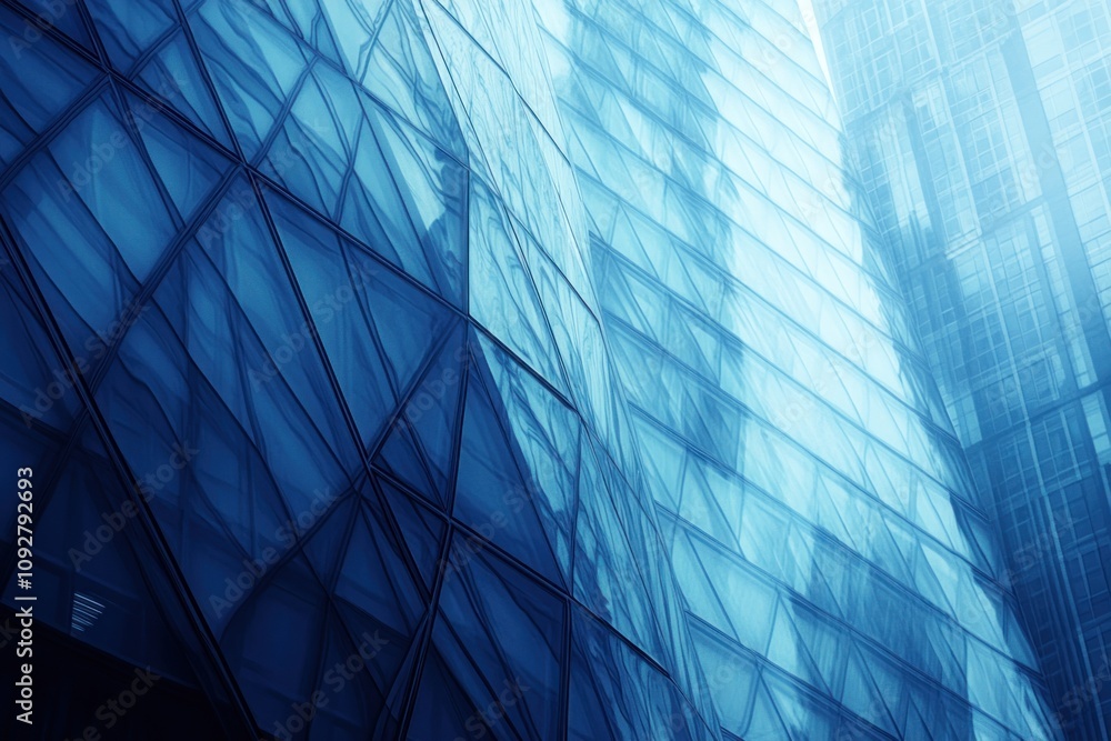 Poster a close-up view of modern glass architecture with geometric patterns and reflections.