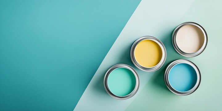 A flat lay of pastel blue green and yellow paint cans. Repare web-banner. top view, copy space.