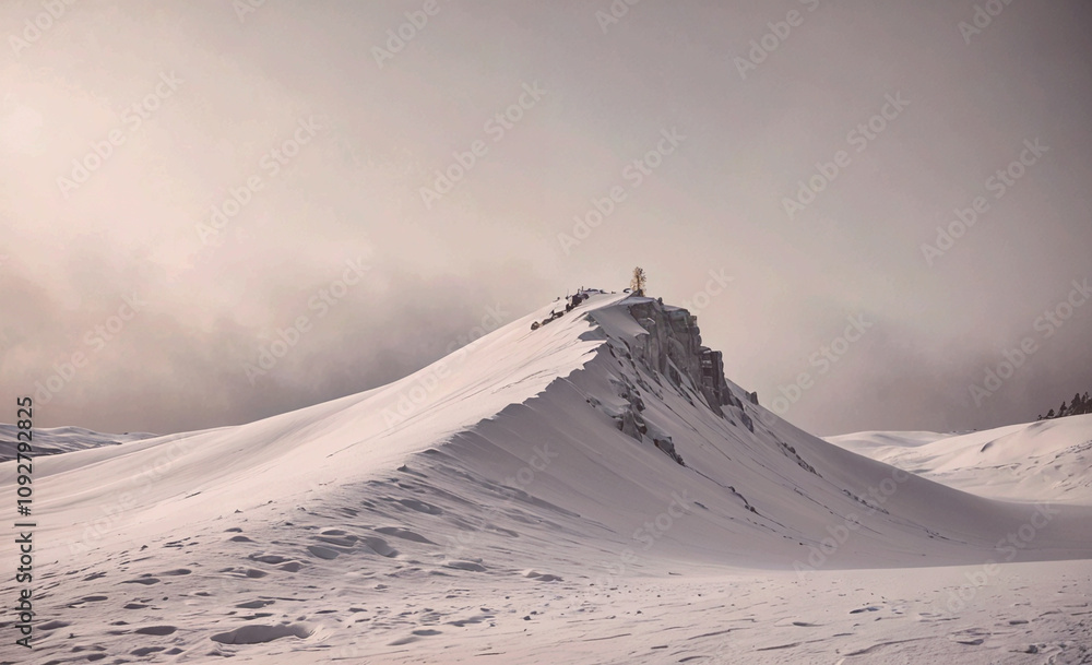 Poster snow-covered mountain with a small building on top. the mountain is covered in a thick layer of snow