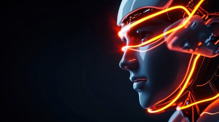 Fototapeta premium artificial intelligence AI ethics analytics concept. A futuristic robot head with glowing orange circuits highlights the intersection of technology and innovation against a dark background.