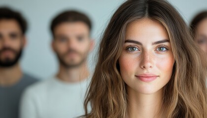 A young woman stands in focus, smiling, while friends are blurred behind her