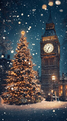 Snow falls gently on a Christmas tree near Big Ben in London, creating a cozy winter atmosphere at night