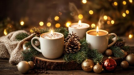 Fototapeta premium Cups of cocoa on the table Christmas concept. Selective focus