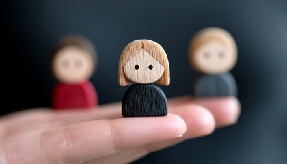 A hand holds three wooden figures symbolizing diversity and inclusiveness in society