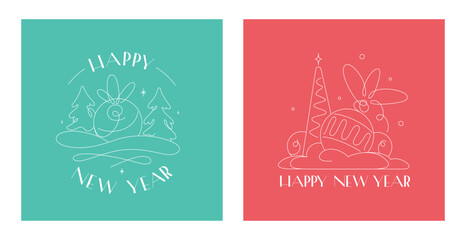 A set of concise New Year's illustrations drawn with a contour. A New Year's ball in snowdrifts with Christmas trees.