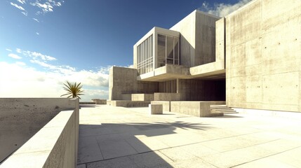 Modern concrete architecture with large windows and a minimalist design against a blue sky.