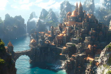 Fototapeta premium Majestic Coastal Castle Surrounded by Towering Mountains and Waterfalls, Featuring Detailed Gothic Architecture. Generative AI
