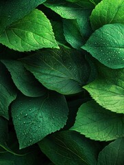 Obraz premium Lush green leaves with water droplets, close-up macro shot of vibrant foliage, nature background.