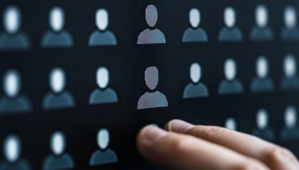 Hand interacts with a screen featuring multiple user icons and profiles displayed digitally