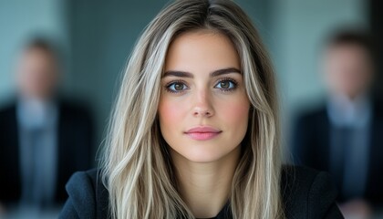 Fototapeta premium Confident woman focuses on conversation in a contemporary office with colleagues nearby