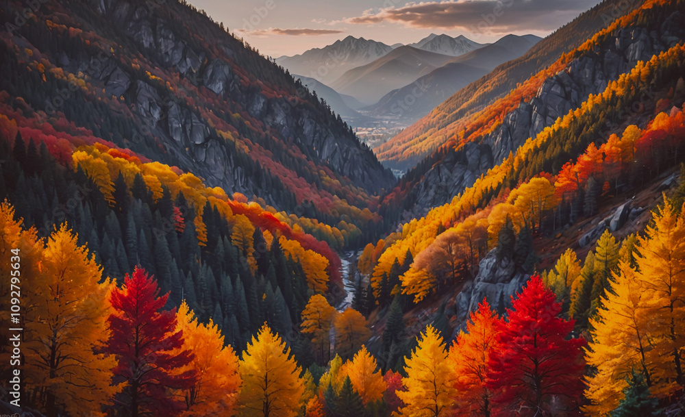 Aufkleber mountain range with trees in autumn colors. the trees are orange and yellow. the mountains are in th