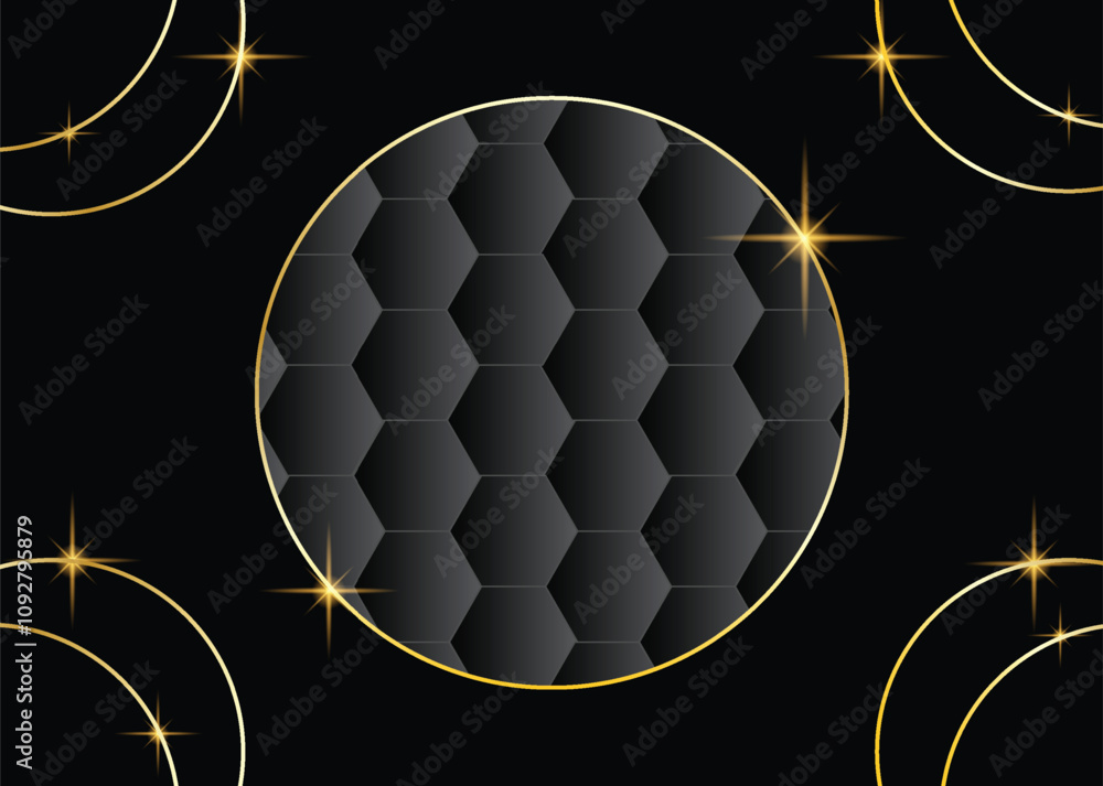 Poster golden circles black background frame with hexagon shapes. backgrounds and textures for website desi