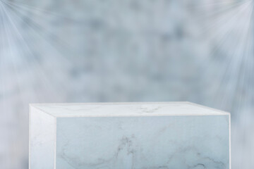  marble table on a white heterogeneous wall with rays of light. Trendy neutral aesthetic mockup...