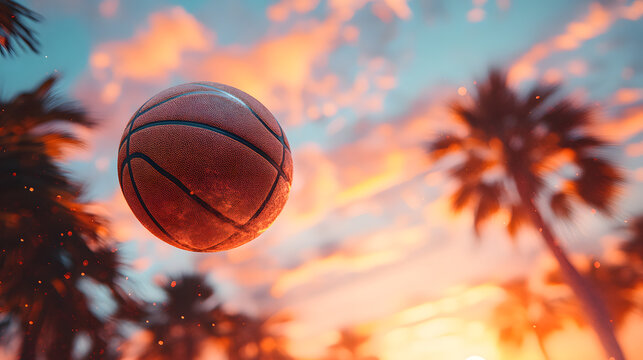 Soaring High: An Artistic Perspective of a Light Green Basketball Against a Stunning Sunset