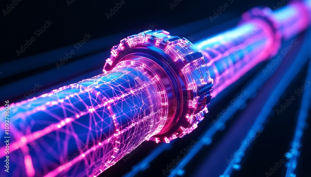 Poster bright neon patterns illuminate a futuristic pipeline, showcasing complex digital designs